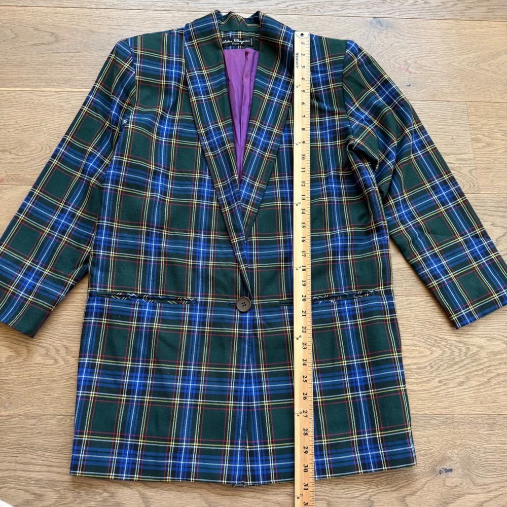 Salvatore Ferragamo Green Tartan Plaid Blazer Made in Italy Purple Lining Womens - Picture 4 of 10